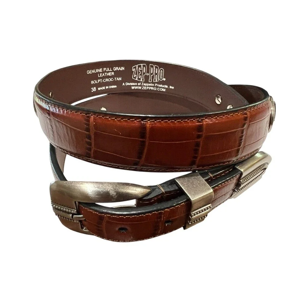 Zep-Pro Men's Brown Croc Embossed Leather Boston University Belt  Size 38